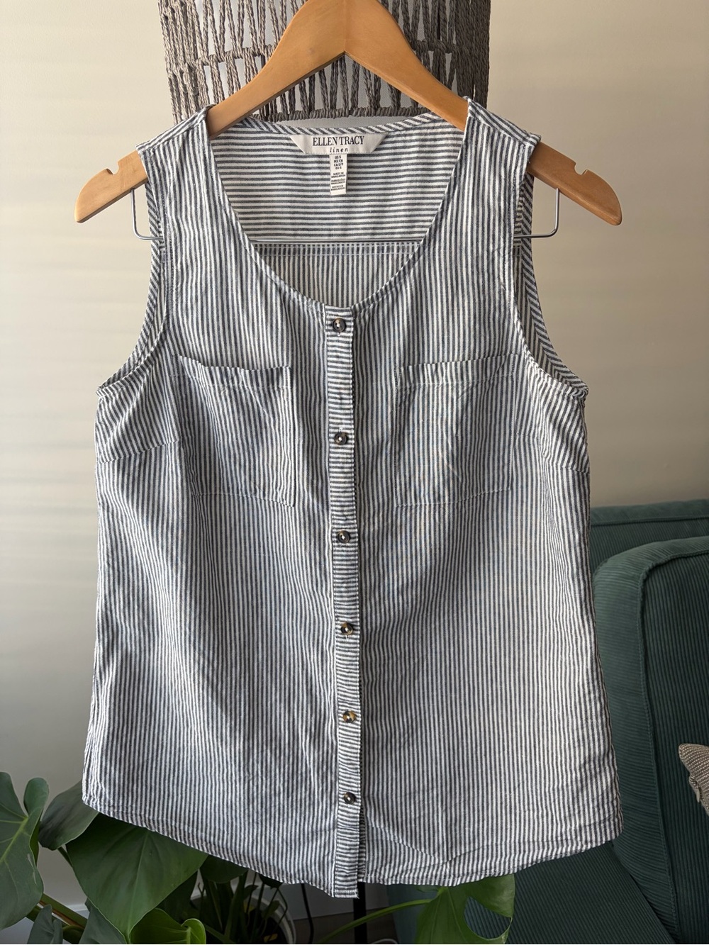Ellen Tracy Navy and White Pinstripe Sleeveless Button Tank